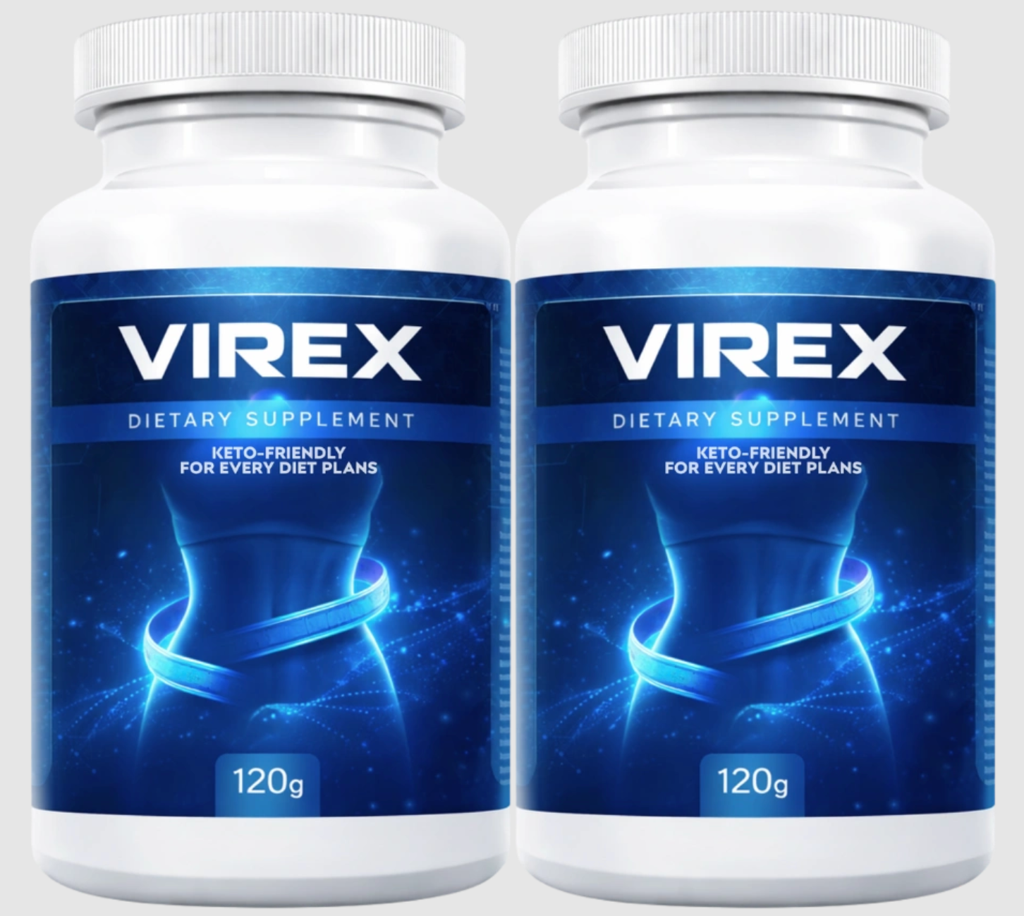 Zwei Virex-Flaschen mit blauem Etikett, Kennzeichnung Dietary Supplement und 120 g