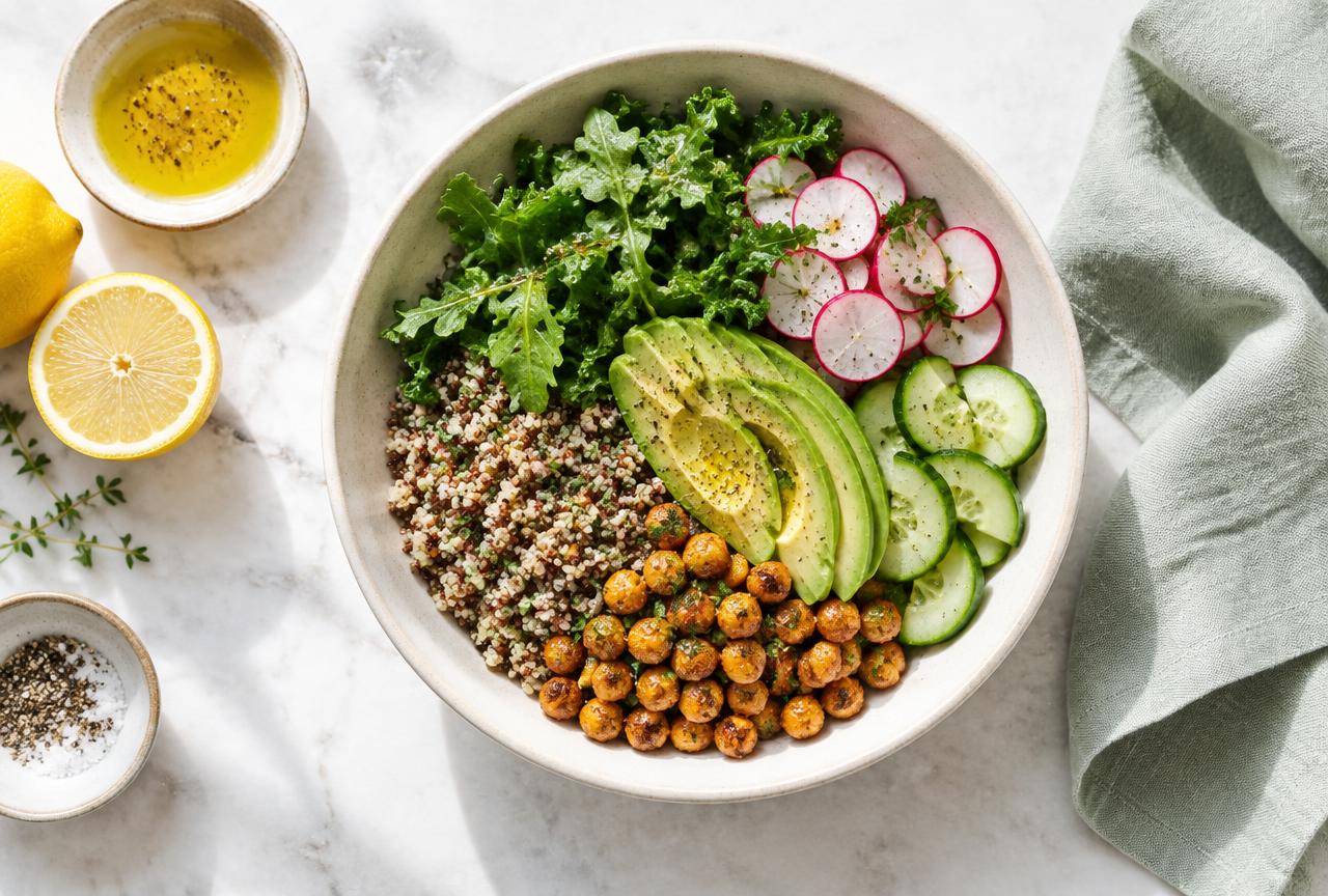 Bunte Mahlzeit mit Quinoa, Gemüse, Avocado und Kichererbsen