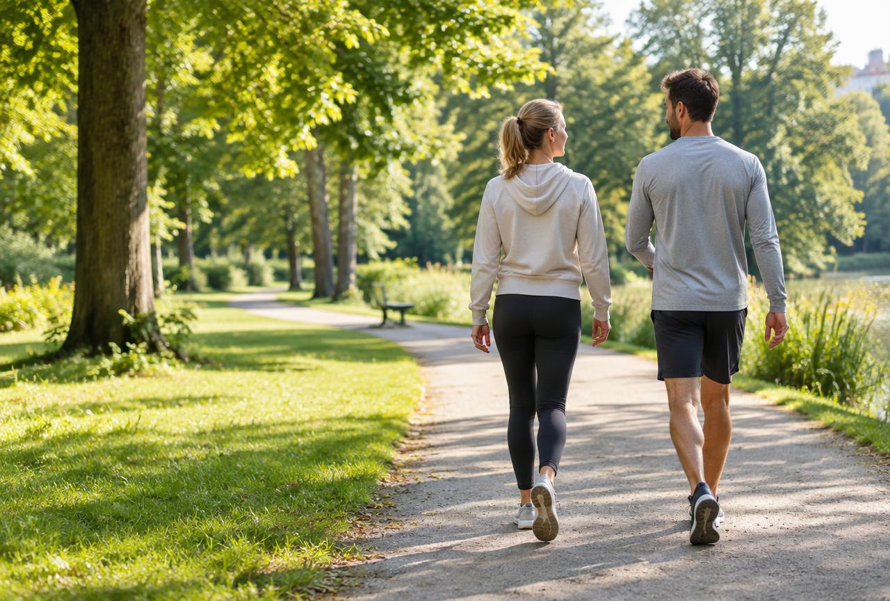 Zwei Erwachsene gehen gemeinsam auf einem sonnigen Parkweg spazieren